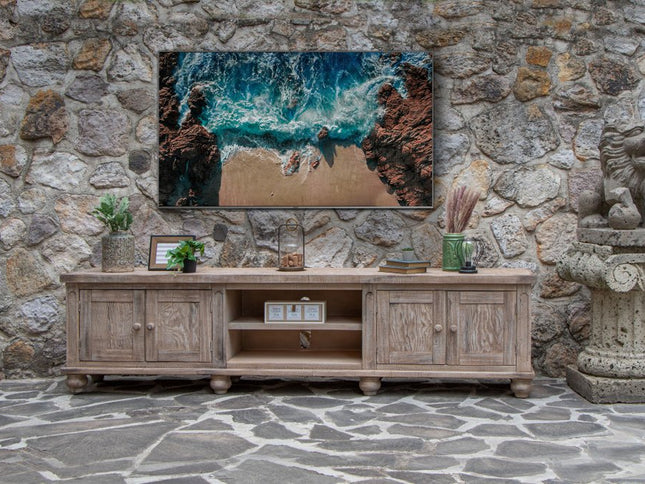 93" Desert Sand Solid Wood Cabinet Enclosed Storage Distressed TV Stand