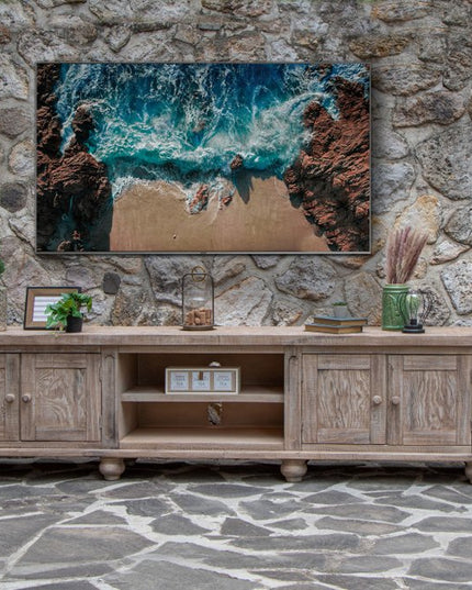 93" Desert Sand Solid Wood Cabinet Enclosed Storage Distressed TV Stand