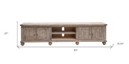 93" Desert Sand Solid Wood Cabinet Enclosed Storage Distressed TV Stand