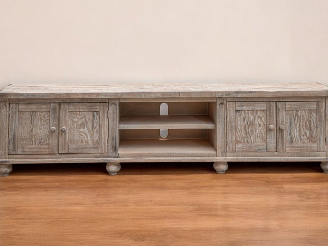 93" Desert Sand Solid Wood Cabinet Enclosed Storage Distressed TV Stand