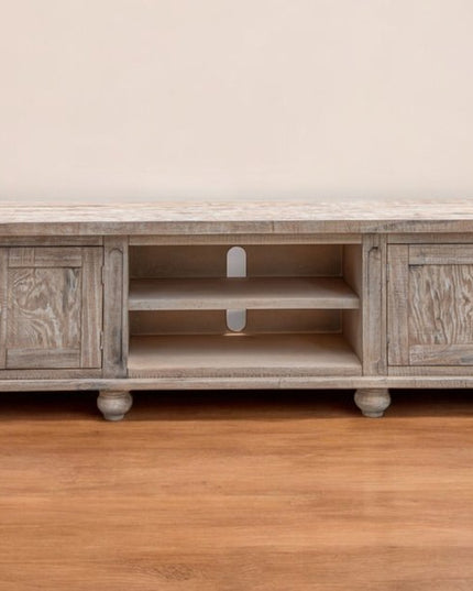 93" Desert Sand Solid Wood Cabinet Enclosed Storage Distressed TV Stand