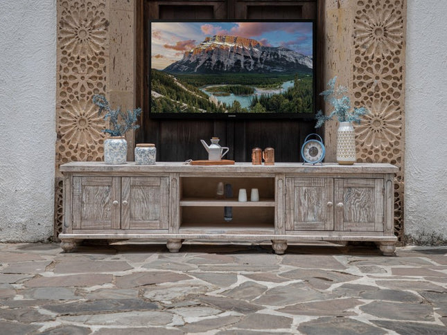 93" Desert Sand Solid Wood Cabinet Enclosed Storage Distressed TV Stand