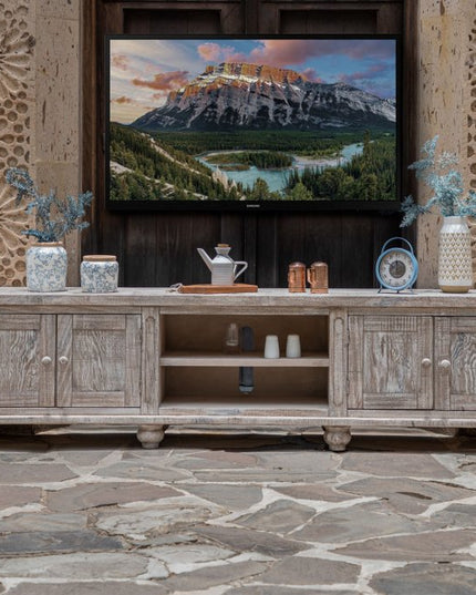 93" Desert Sand Solid Wood Cabinet Enclosed Storage Distressed TV Stand