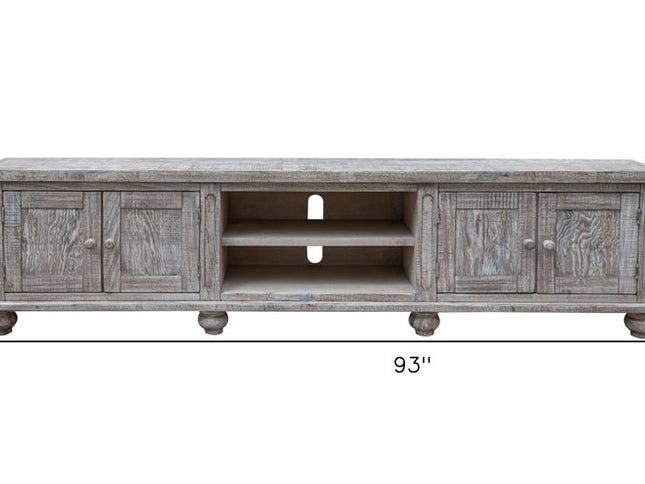 93" Desert Sand Solid Wood Cabinet Enclosed Storage Distressed TV Stand