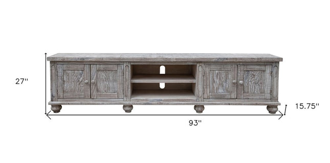 93" Desert Sand Solid Wood Cabinet Enclosed Storage Distressed TV Stand
