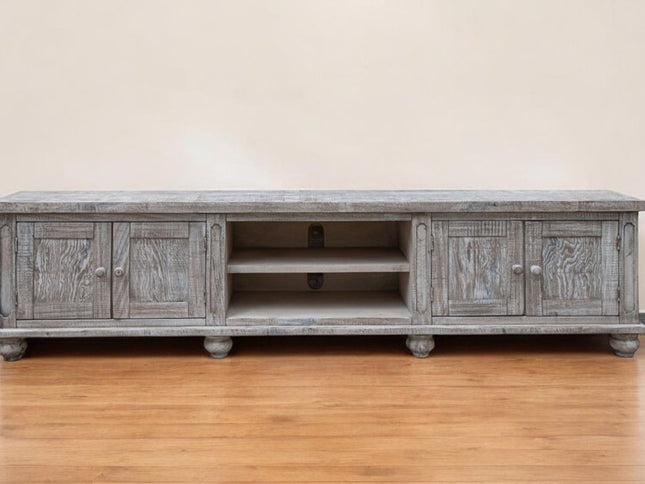 93" Desert Sand Solid Wood Cabinet Enclosed Storage Distressed TV Stand