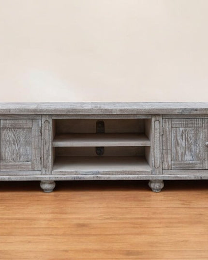 93" Desert Sand Solid Wood Cabinet Enclosed Storage Distressed TV Stand