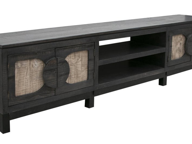 93" Black Solid Wood Cabinet Enclosed Storage Distressed TV Stand