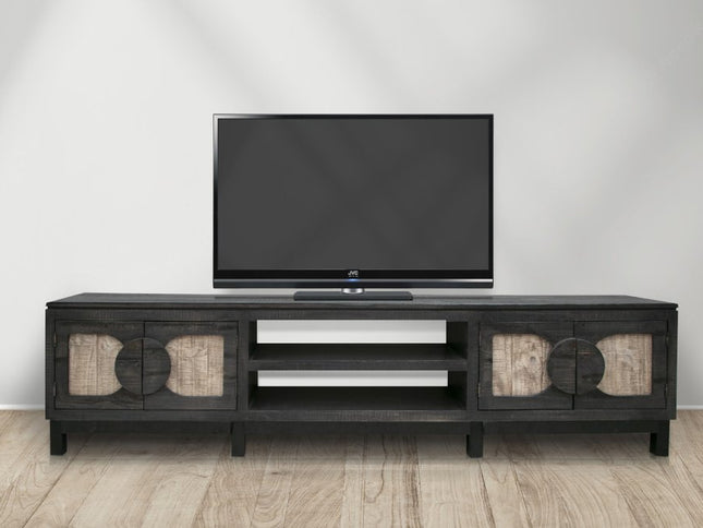 93" Black Solid Wood Cabinet Enclosed Storage Distressed TV Stand