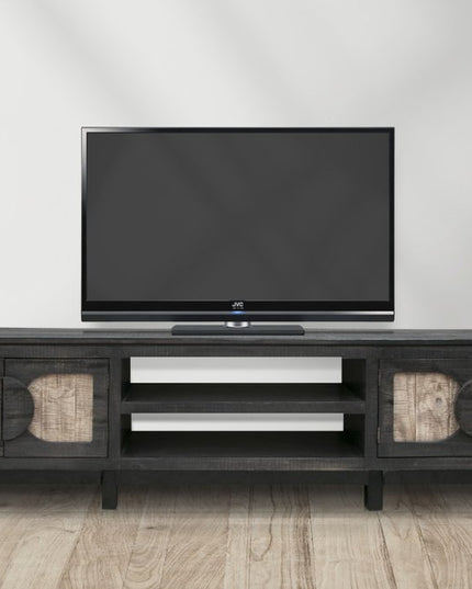 93" Black Solid Wood Cabinet Enclosed Storage Distressed TV Stand