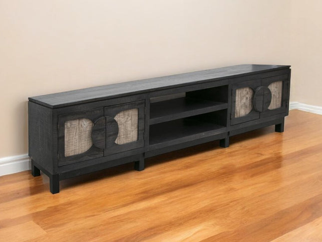 93" Black Solid Wood Cabinet Enclosed Storage Distressed TV Stand