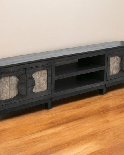 93" Black Solid Wood Cabinet Enclosed Storage Distressed TV Stand