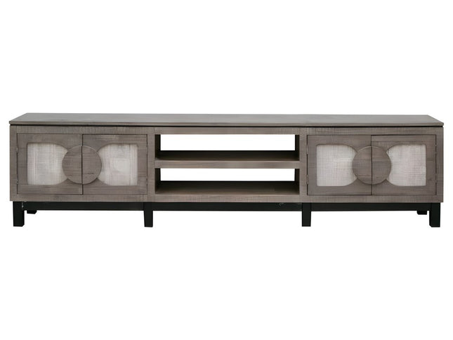 93" Gray Solid Wood Cabinet Enclosed Storage Distressed TV Stand