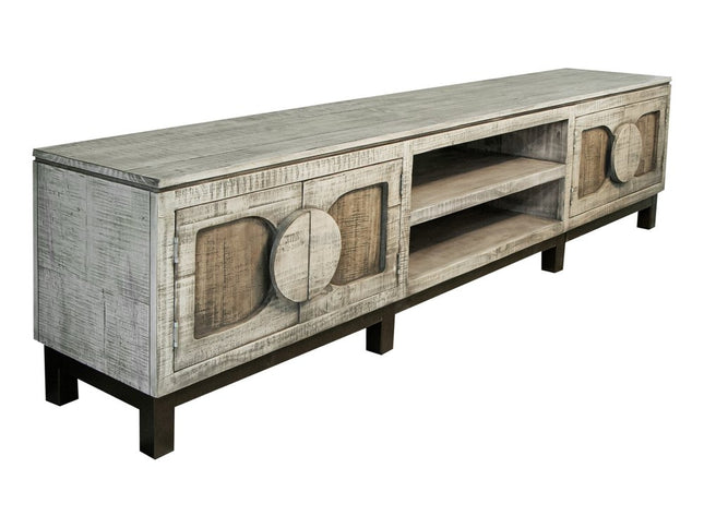 93" White Solid Wood Cabinet Enclosed Storage Distressed TV Stand