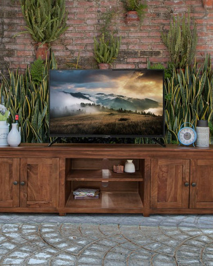 93" Brown Solid Wood Cabinet Enclosed Storage Distressed TV Stand