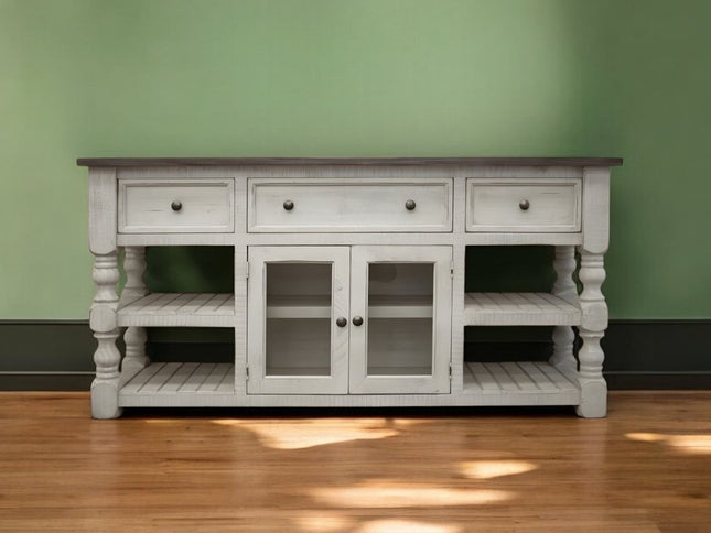 60" Ivory Solid Wood Open shelving Distressed TV Stand