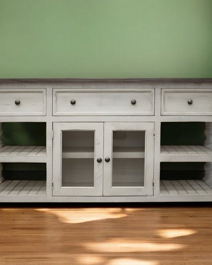 60" Ivory Solid Wood Open shelving Distressed TV Stand