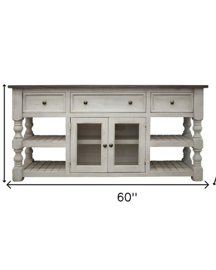 60" Ivory Solid Wood Open shelving Distressed TV Stand