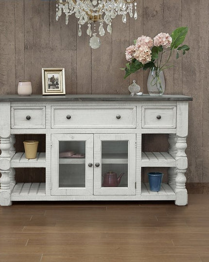 60" Ivory Solid Wood Open shelving Distressed TV Stand