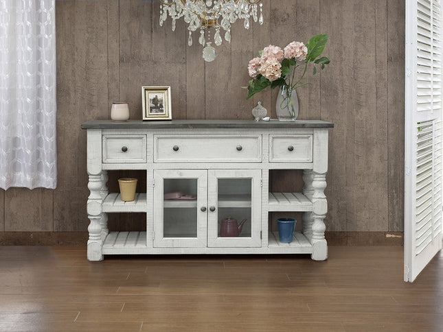 60" Ivory Solid Wood Open shelving Distressed TV Stand