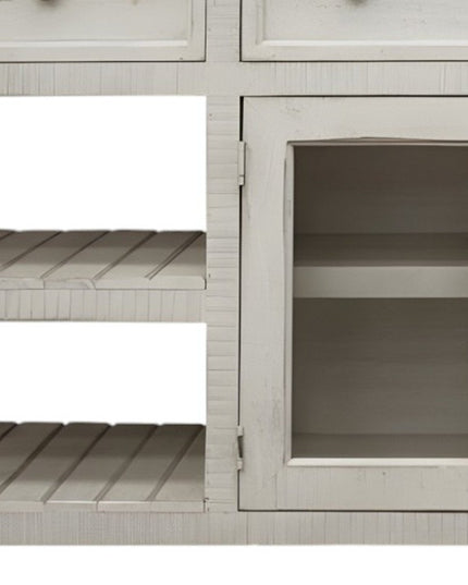 60" Ivory Solid Wood Open shelving Distressed TV Stand
