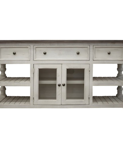 60" Ivory Solid Wood Open shelving Distressed TV Stand