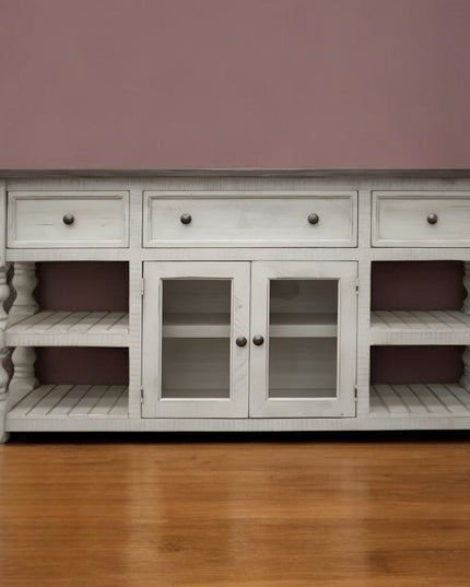 70" Ivory Solid Wood Open shelving Distressed TV Stand