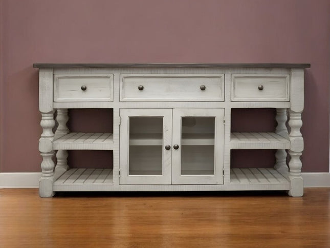 70" Ivory Solid Wood Open shelving Distressed TV Stand