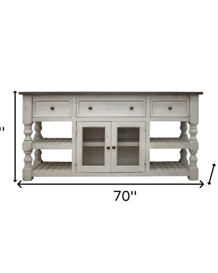 70" Ivory Solid Wood Open shelving Distressed TV Stand