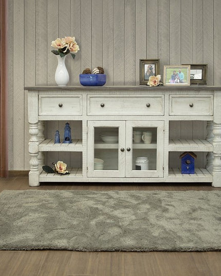 70" Ivory Solid Wood Open shelving Distressed TV Stand