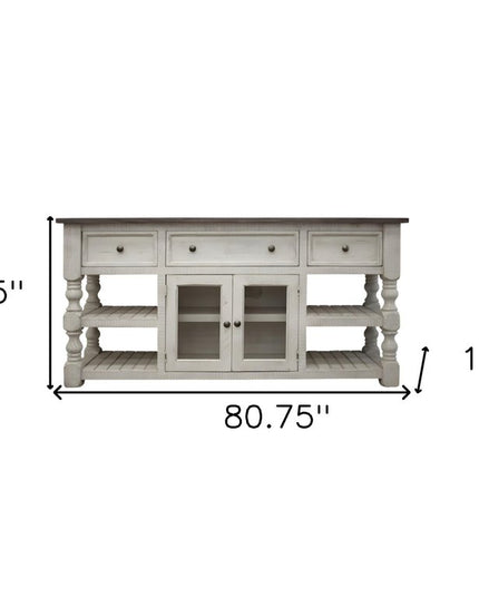 81" Ivory Solid Wood Open shelving Distressed TV Stand
