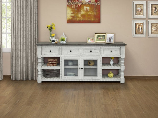 81" Ivory Solid Wood Open shelving Distressed TV Stand