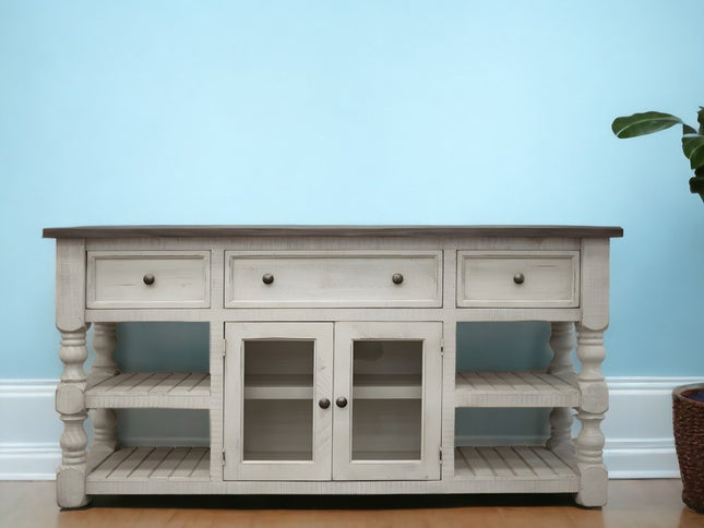 81" Ivory Solid Wood Open shelving Distressed TV Stand
