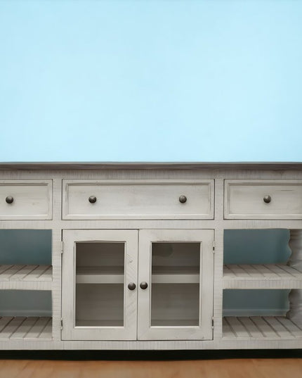 81" Ivory Solid Wood Open shelving Distressed TV Stand
