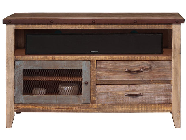 53" Brown Solid Wood Cabinet Enclosed Storage Distressed TV Stand