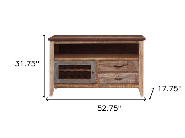 53" Brown Solid Wood Cabinet Enclosed Storage Distressed TV Stand