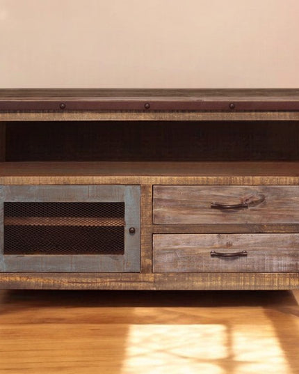 53" Brown Solid Wood Cabinet Enclosed Storage Distressed TV Stand