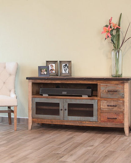 61" Brown Solid Wood Cabinet Enclosed Storage Distressed TV Stand