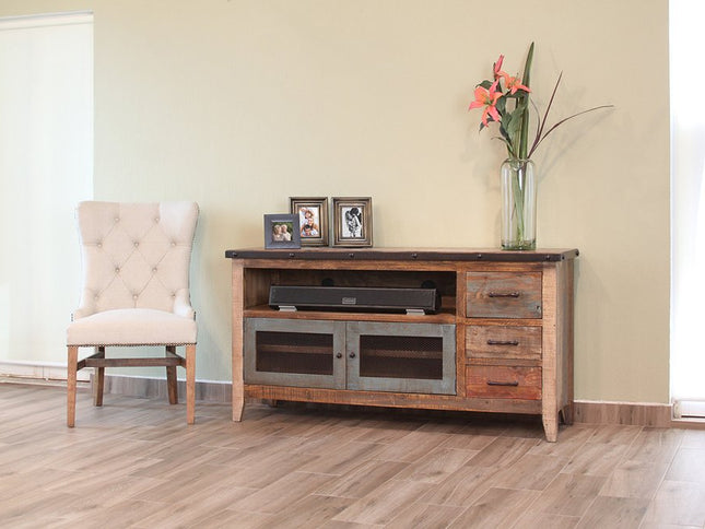 61" Brown Solid Wood Cabinet Enclosed Storage Distressed TV Stand