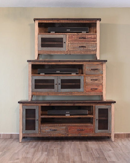 61" Brown Solid Wood Cabinet Enclosed Storage Distressed TV Stand