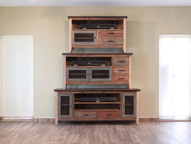 61" Brown Solid Wood Cabinet Enclosed Storage Distressed TV Stand