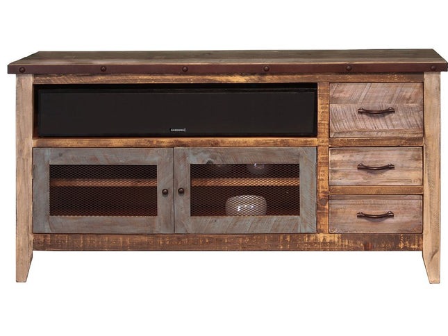 61" Brown Solid Wood Cabinet Enclosed Storage Distressed TV Stand