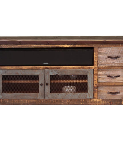 61" Brown Solid Wood Cabinet Enclosed Storage Distressed TV Stand