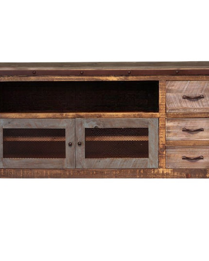 61" Brown Solid Wood Cabinet Enclosed Storage Distressed TV Stand