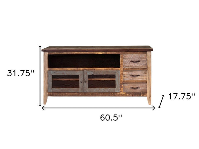 61" Brown Solid Wood Cabinet Enclosed Storage Distressed TV Stand