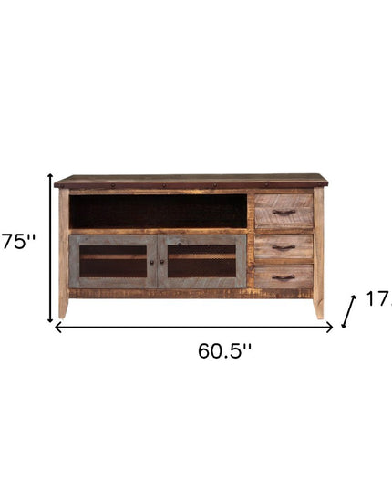 61" Brown Solid Wood Cabinet Enclosed Storage Distressed TV Stand