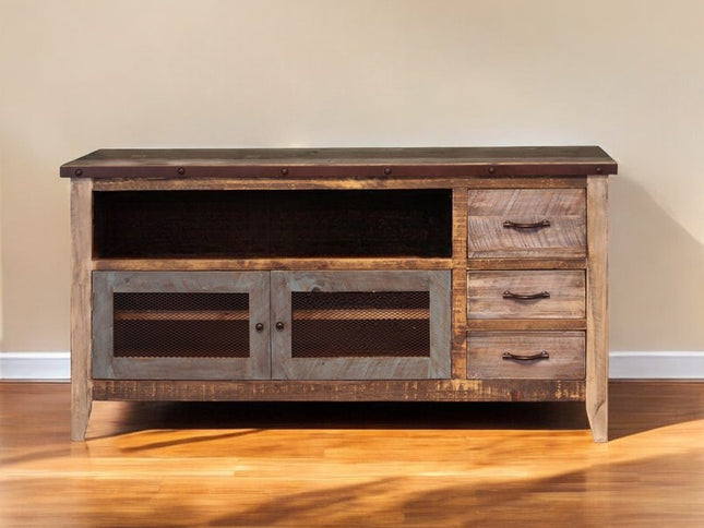 61" Brown Solid Wood Cabinet Enclosed Storage Distressed TV Stand