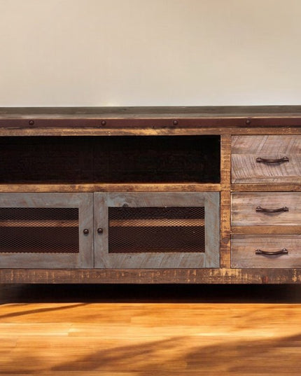 61" Brown Solid Wood Cabinet Enclosed Storage Distressed TV Stand