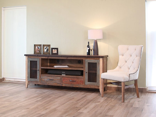 76" Brown Solid Wood Cabinet Enclosed Storage Distressed TV Stand