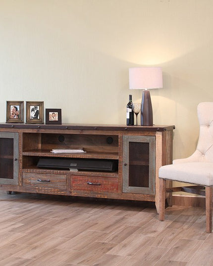 76" Brown Solid Wood Cabinet Enclosed Storage Distressed TV Stand